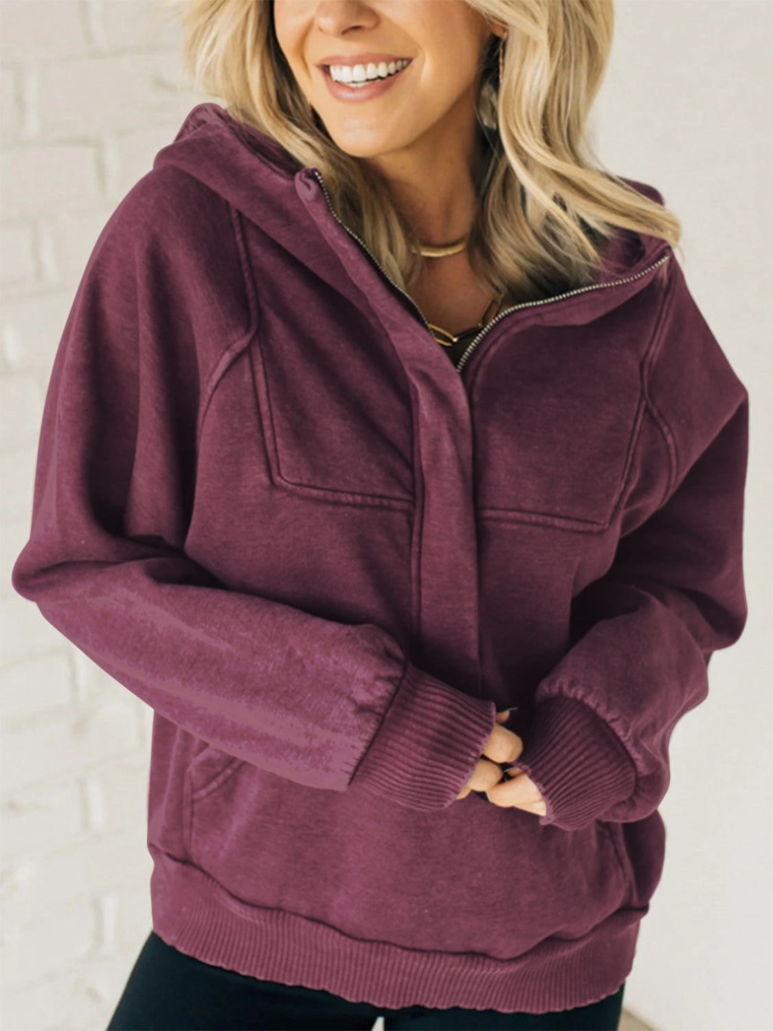 Cozy Half Zip Hoodie with Kangaroo Pocket Detail