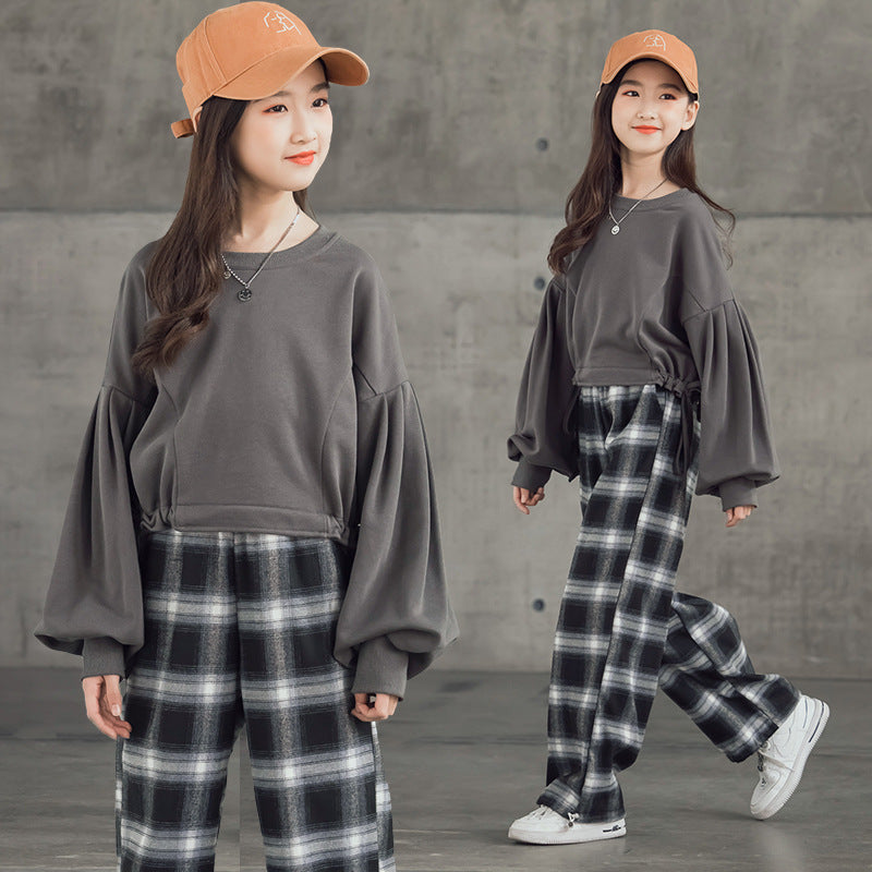 Girls' Suits Western Style Korean Children's Clothing Trendy Plaid Trousers Big Kids - MAGM Enterprises LLC