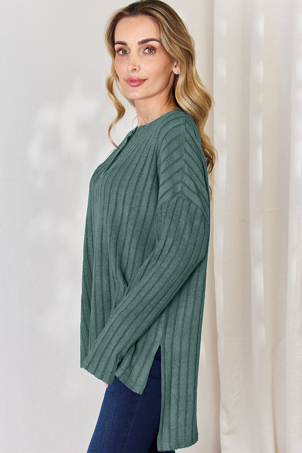 Stylish & Cozy: Basic Bae Ribbed High-Low T-Shirt with Half Button Detail