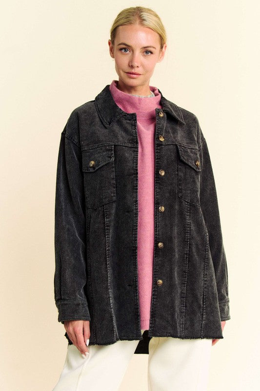 Urban Edge: Davi & Dani Washed Corduroy Button-Up Jacket with Raw Hem