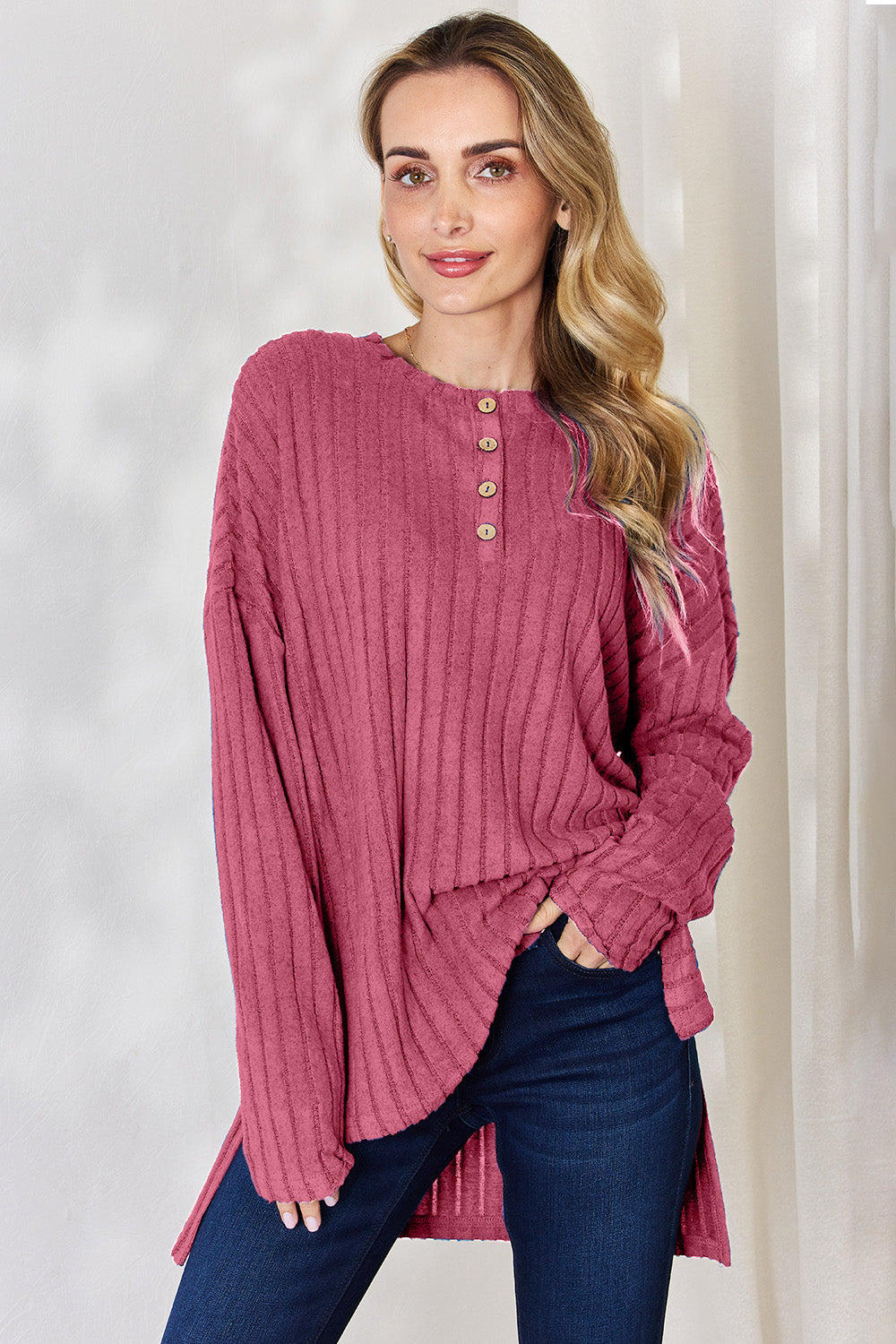 Stylish & Cozy: Basic Bae Ribbed High-Low T-Shirt with Half Button Detail