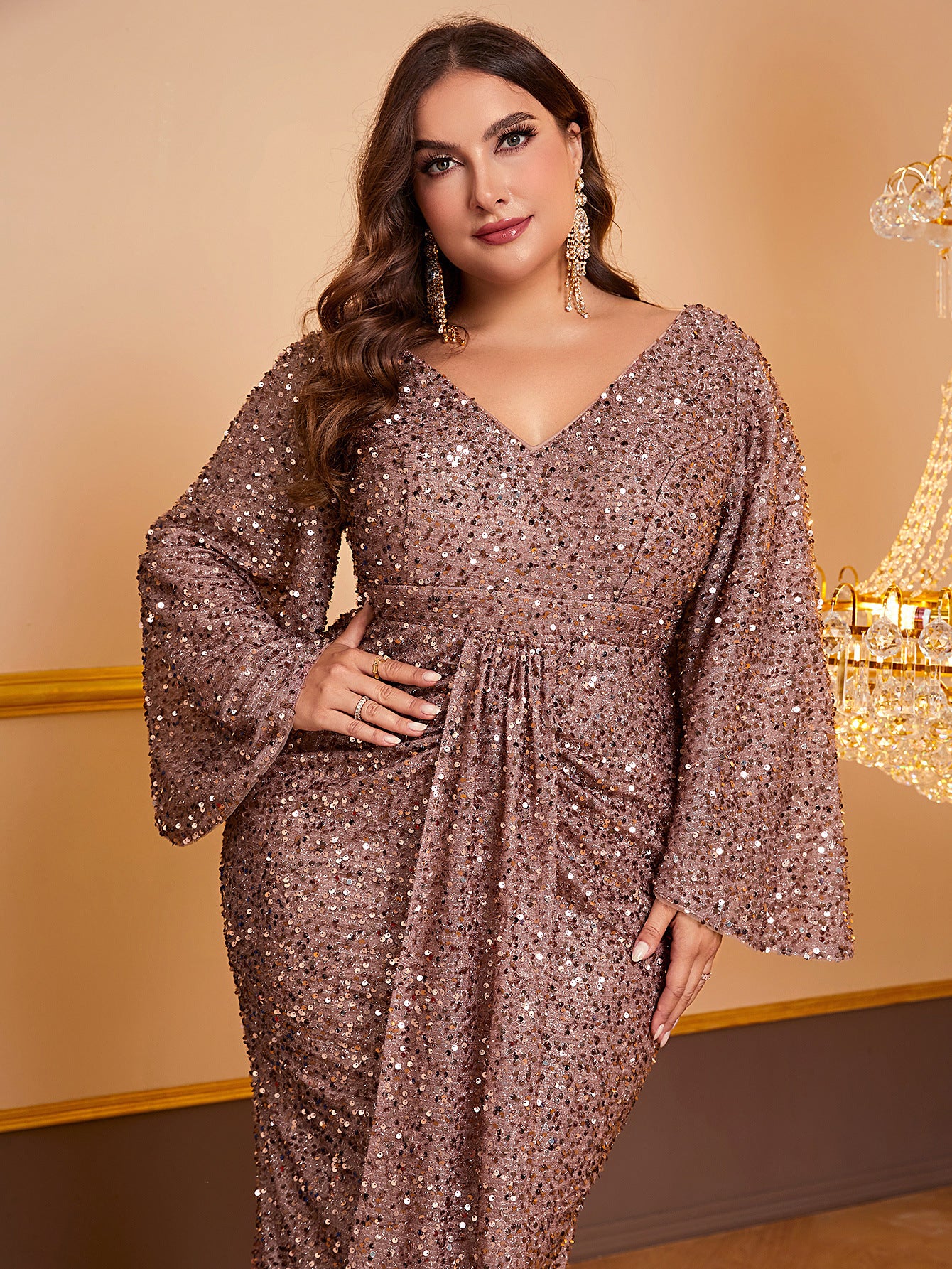 Women's Sequin Long Sleeved V-neck Pleated Party Dress