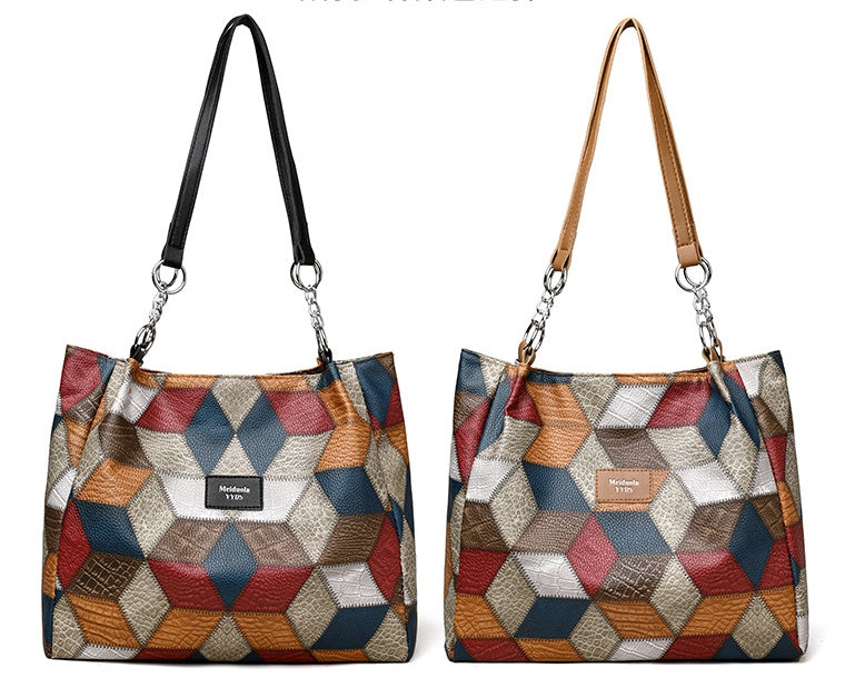 Retro Geometric Pattern Color-matching Shoulder Bag Fashion Large Capacity Stitching Handbag For Women Totes - MAGM Enterprises LLC