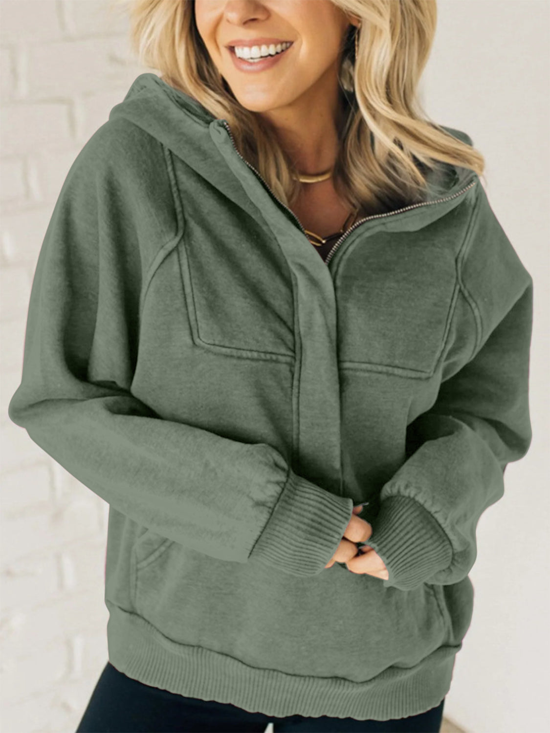 Cozy Half Zip Hoodie with Kangaroo Pocket Detail