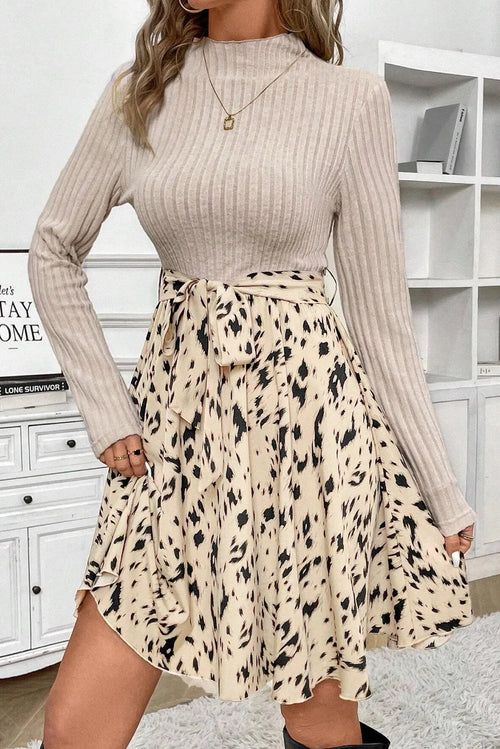 Tied Printed Mock Neck Long Sleeve Dress - MAGM Enterprises LLC