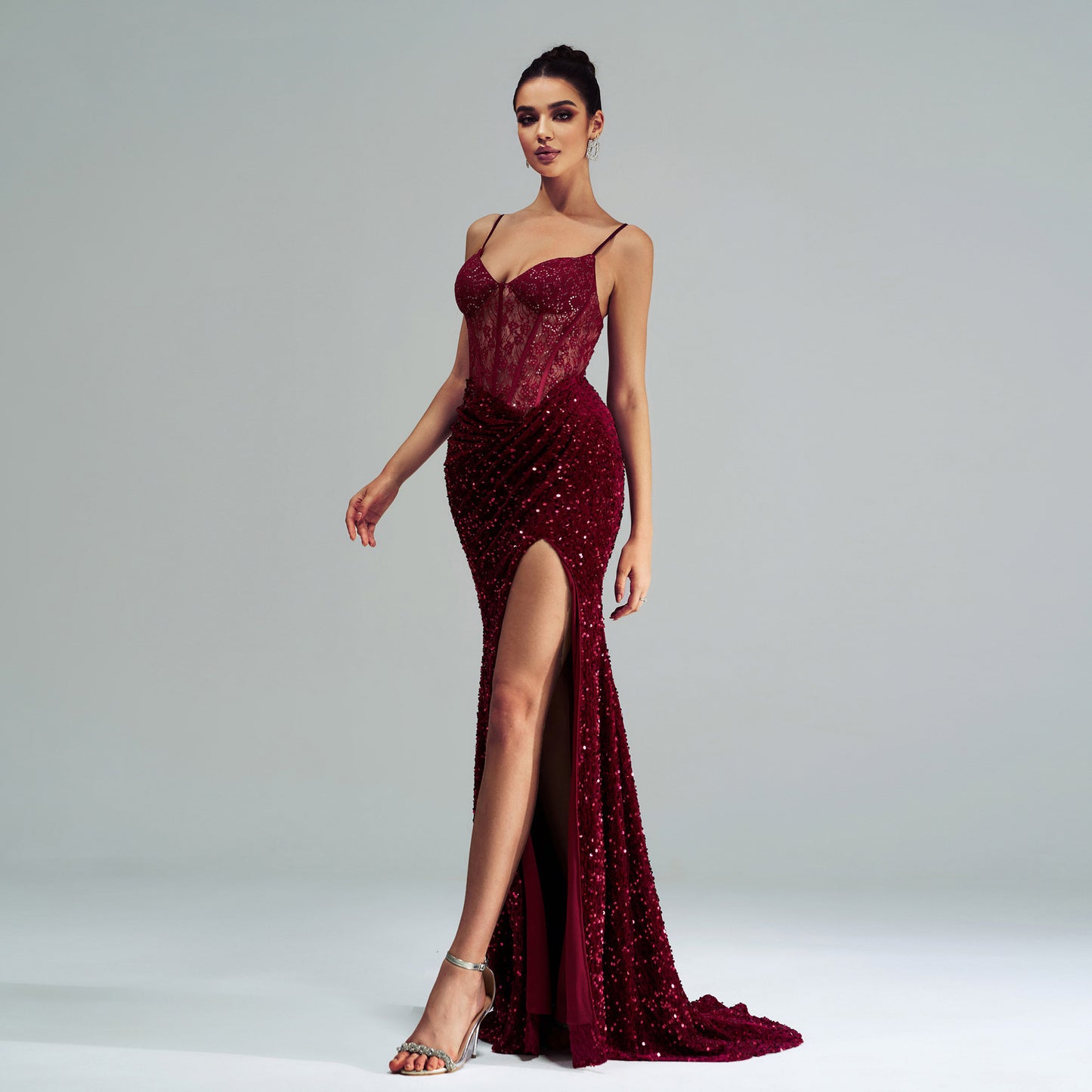 Spaghetti Straps Sleeveless Sequined High Slit Evening party Dress