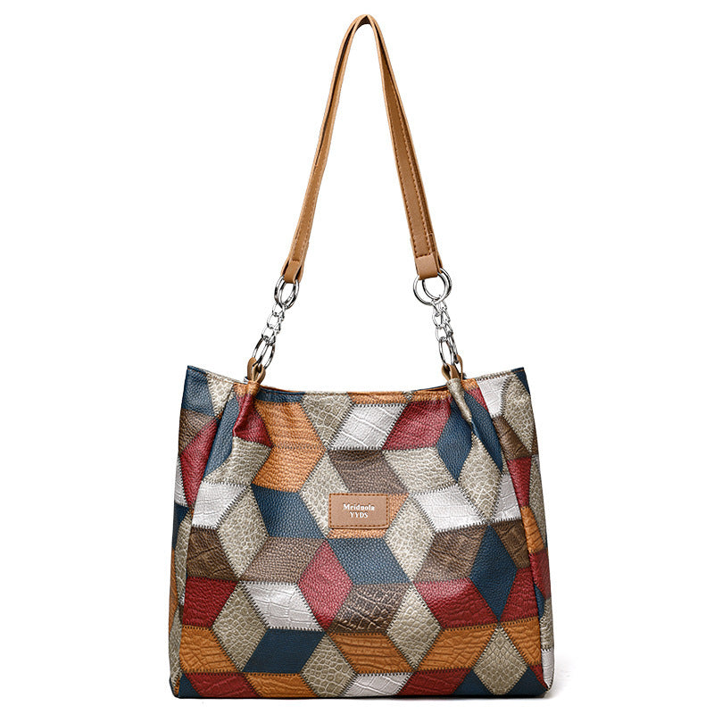 Retro Geometric Pattern Color-matching Shoulder Bag Fashion Large Capacity Stitching Handbag For Women Totes - MAGM Enterprises LLC