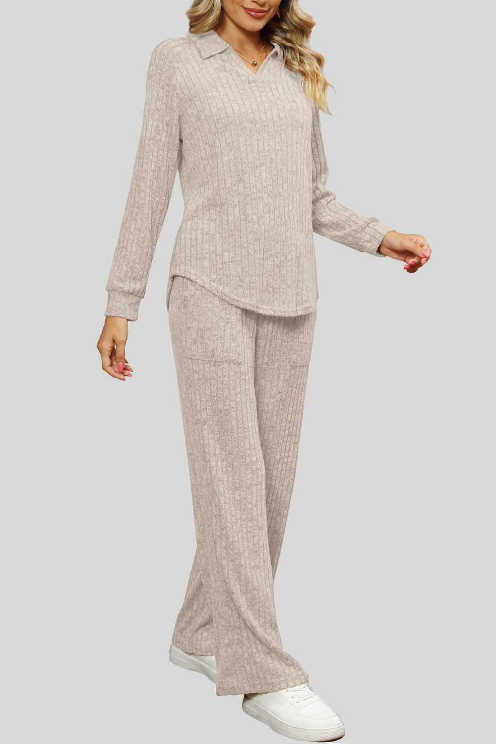 Ribbed Long Sleeve Top and Pocketed Pants Set