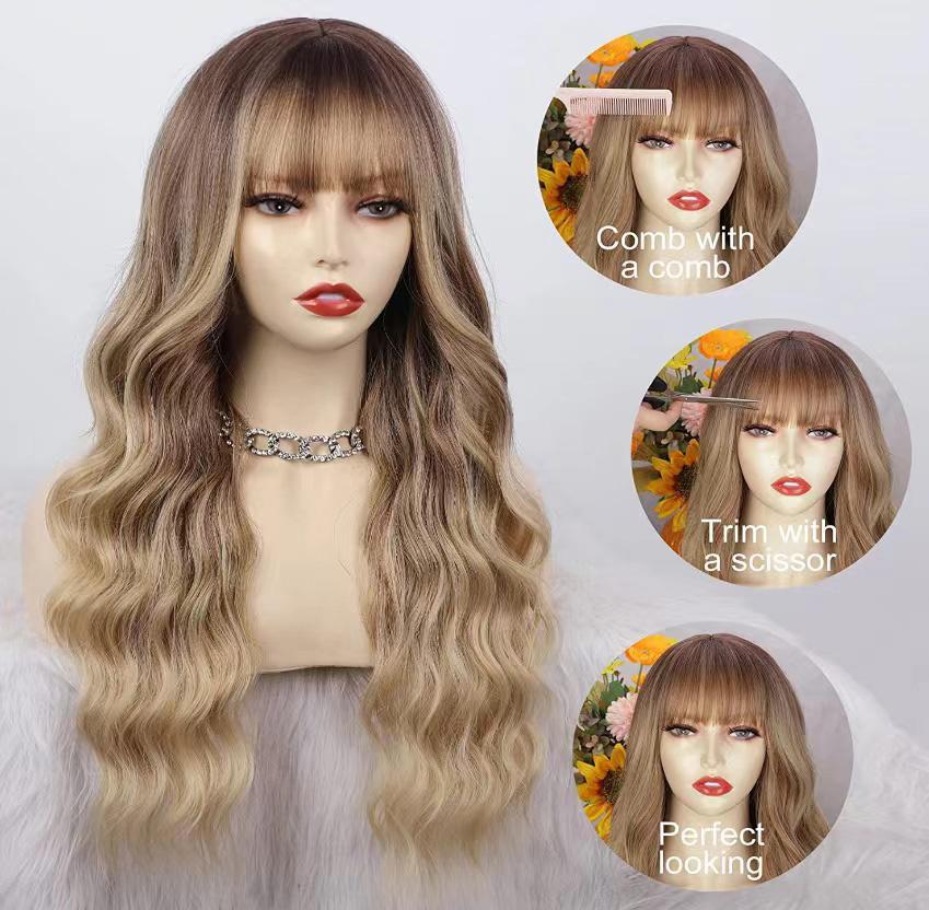 26 Inch Long Ash Blonde Wig With Bangs Natural Wavy Hair - Perfect For Daily Wear And Middle Part Style - MAGM Enterprises LLC