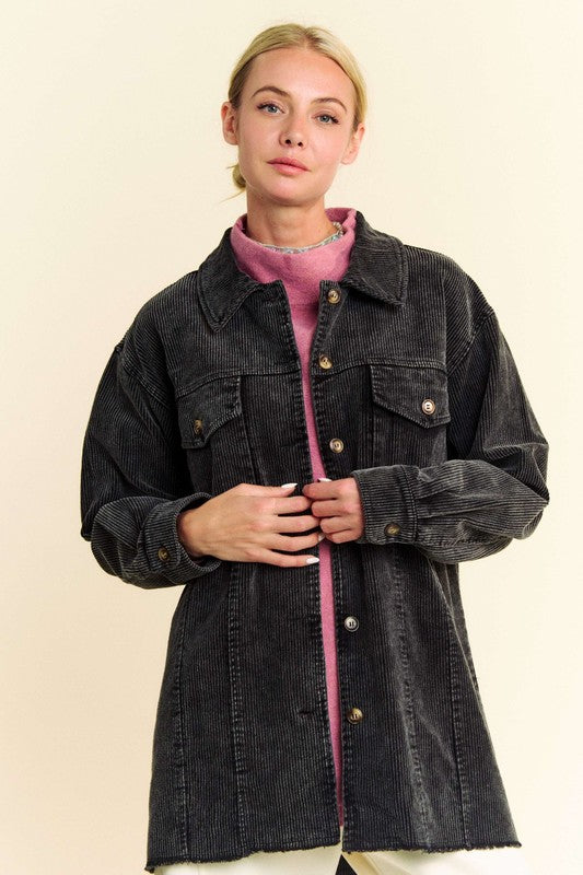 Urban Edge: Davi & Dani Washed Corduroy Button-Up Jacket with Raw Hem