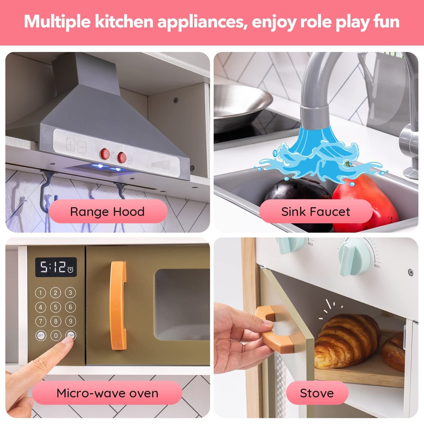 ROBUD 3D Wooden Pretend Play Kitchen Playset For Toddlers Education Toys