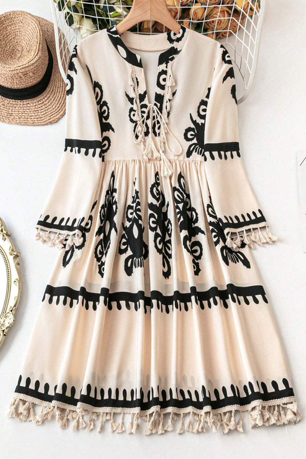 Beige Western Pattern Print Tasseled Notch V Neck Mini Dress for Women - MAGM Enterprises LLC