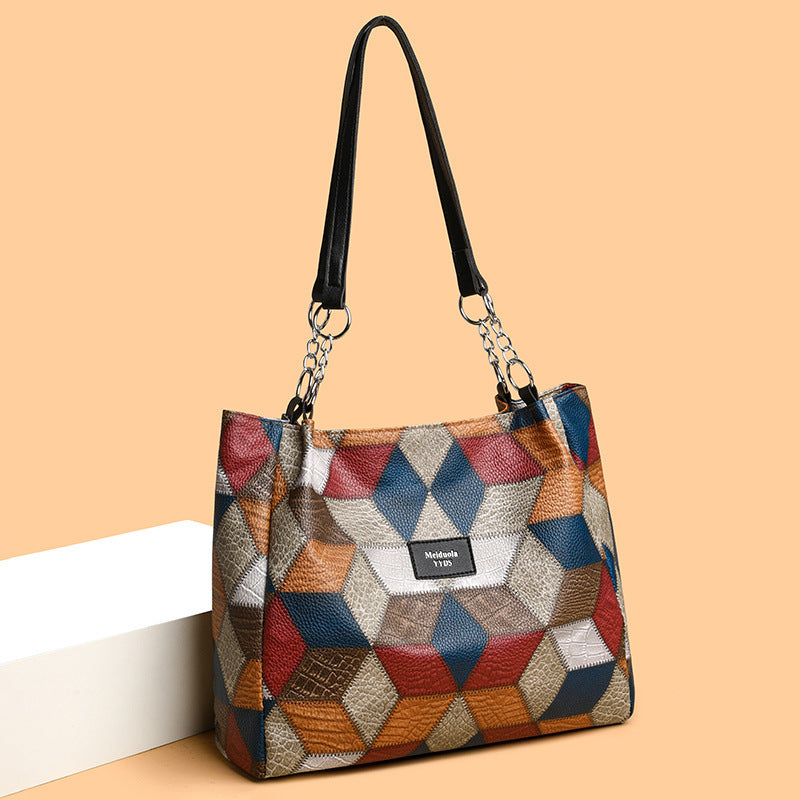 Retro Geometric Pattern Color-matching Shoulder Bag Fashion Large Capacity Stitching Handbag For Women Totes - MAGM Enterprises LLC