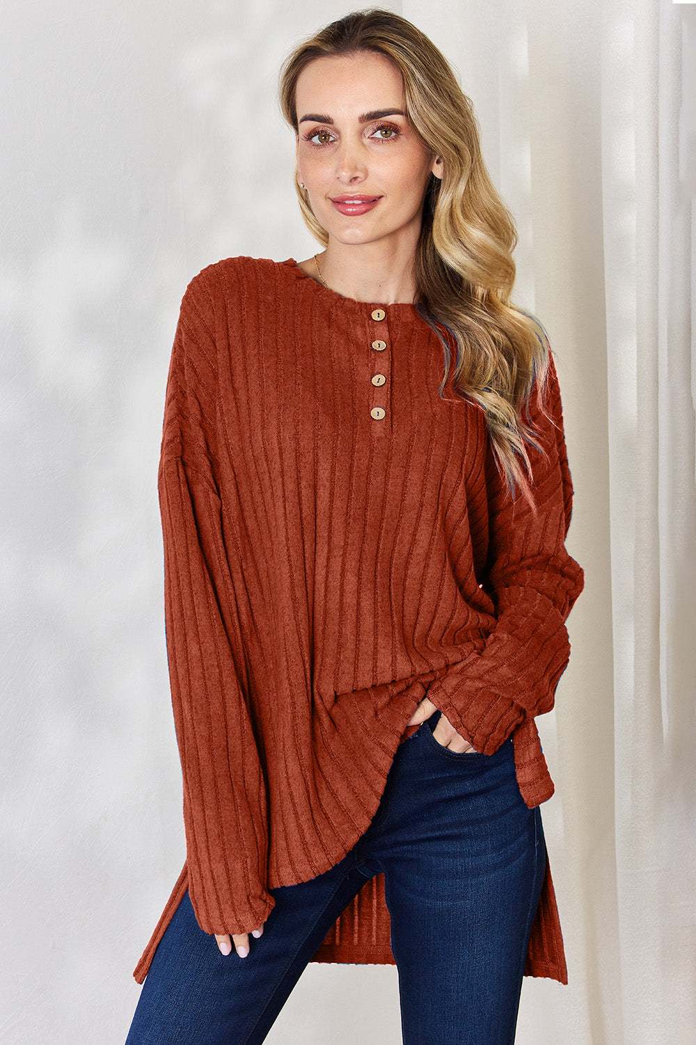 Stylish & Cozy: Basic Bae Ribbed High-Low T-Shirt with Half Button Detail