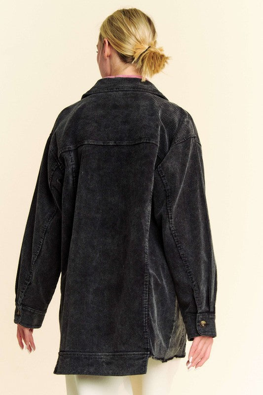 Urban Edge: Davi & Dani Washed Corduroy Button-Up Jacket with Raw Hem