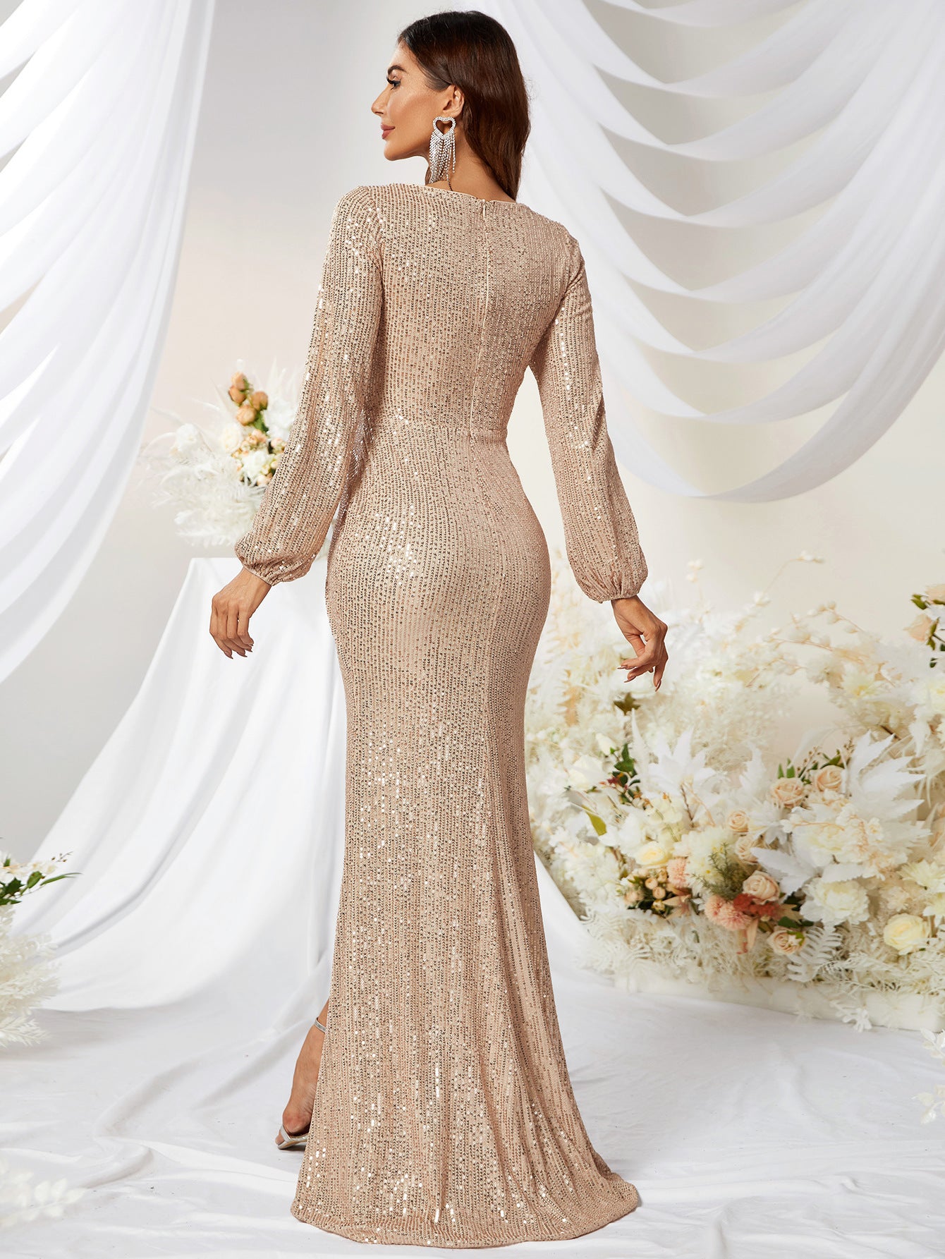 Sequined V-neck Long Sleeve High Slit Slim Fishtail Prom Evening Party Dress