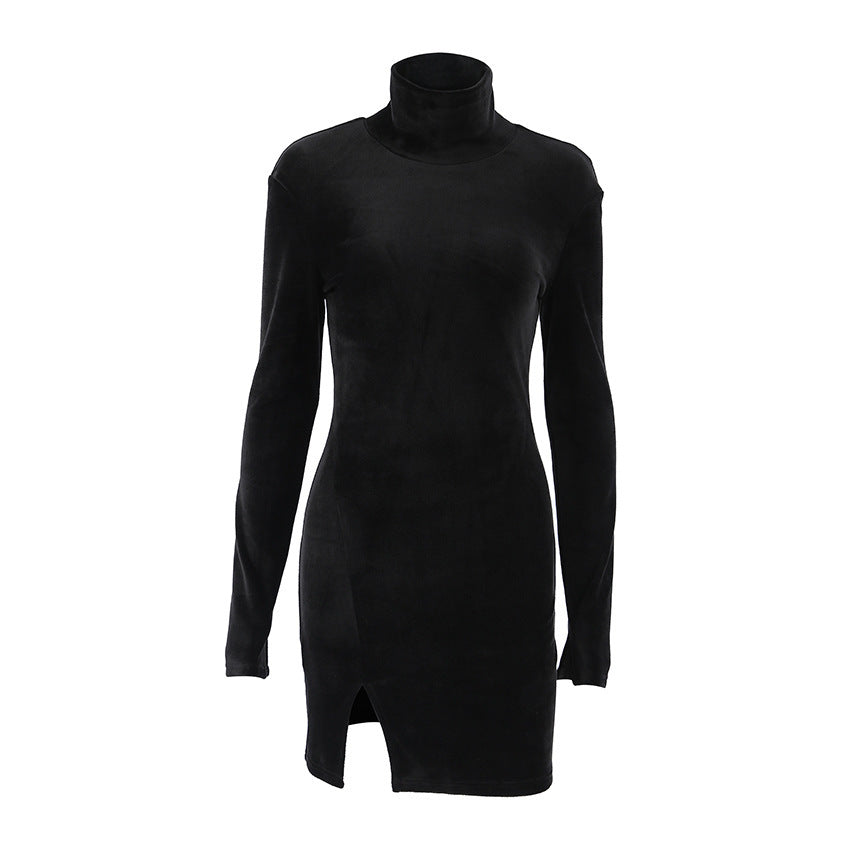 Black and Silver Fox Velvet Turtle neck Long Sleeve Party Dress - MAG MAX MART