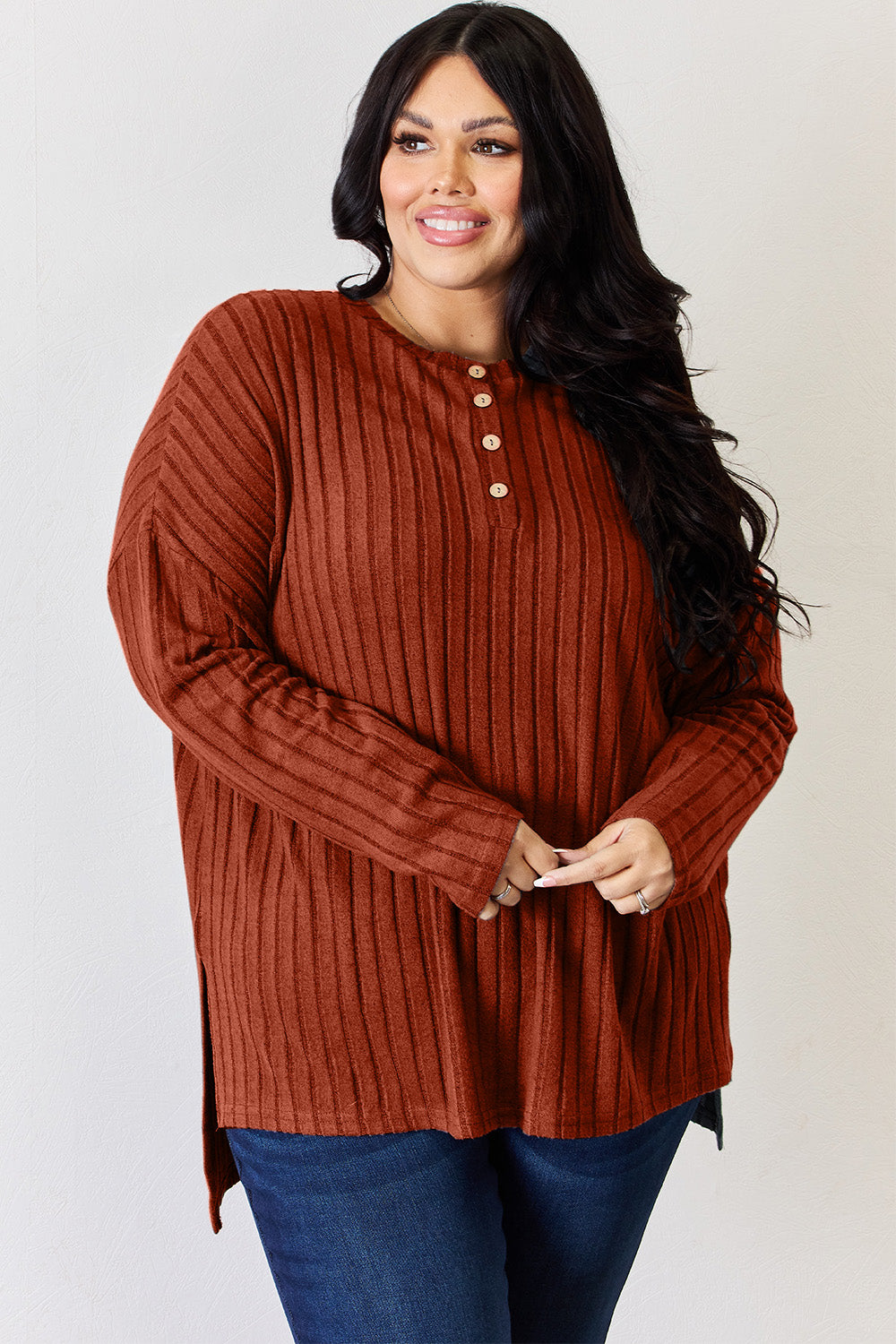 Stylish & Cozy: Basic Bae Ribbed High-Low T-Shirt with Half Button Detail