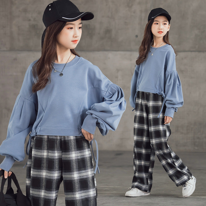 Girls' Suits Western Style Korean Children's Clothing Trendy Plaid Trousers Big Kids - MAGM Enterprises LLC