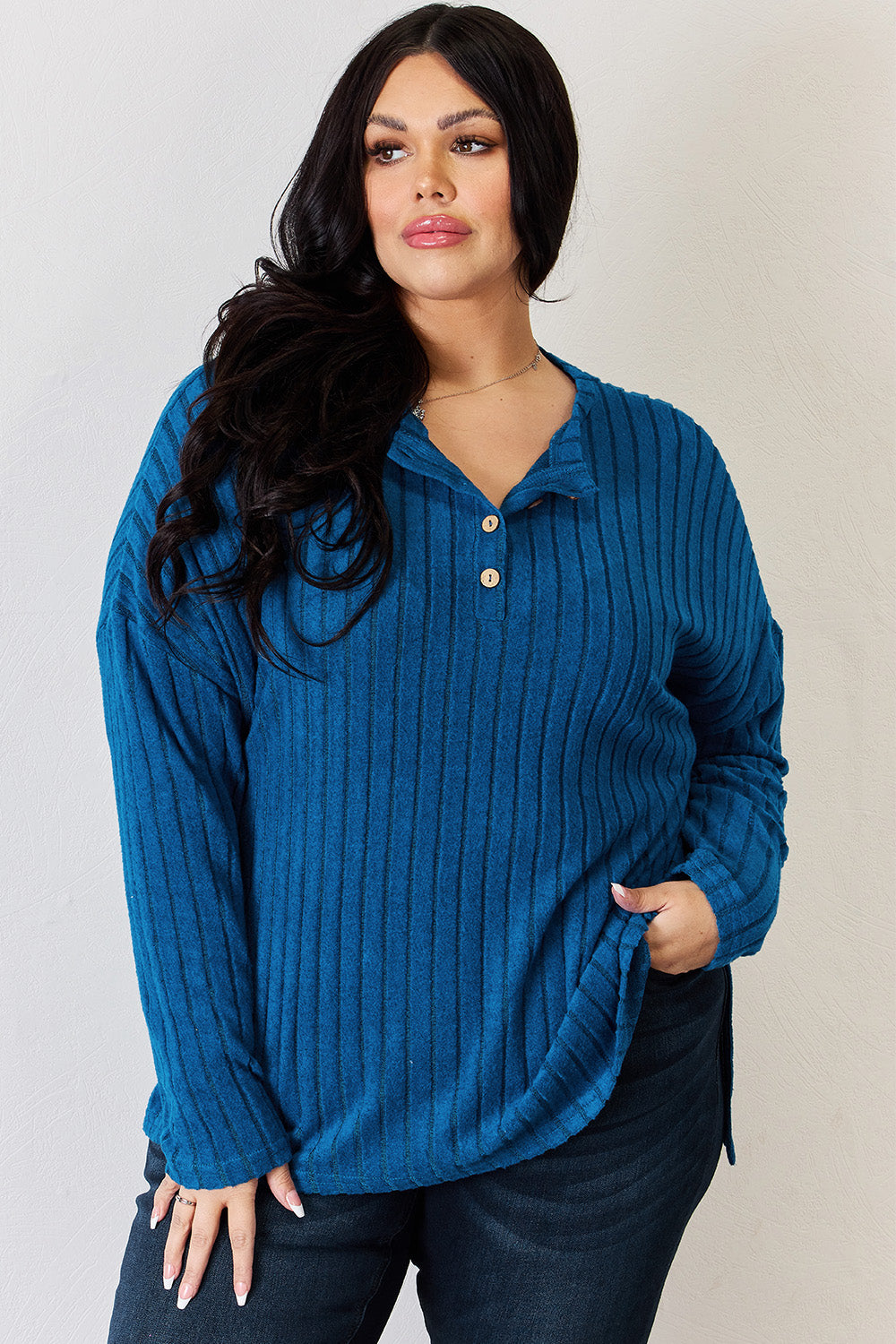 Stylish & Cozy: Basic Bae Ribbed High-Low T-Shirt with Half Button Detail