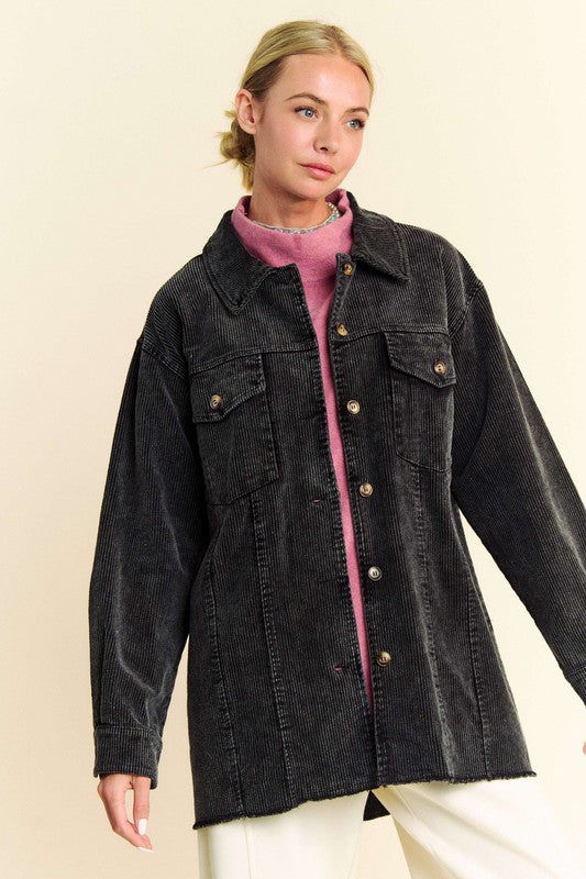 Urban Edge: Davi & Dani Washed Corduroy Button-Up Jacket with Raw Hem