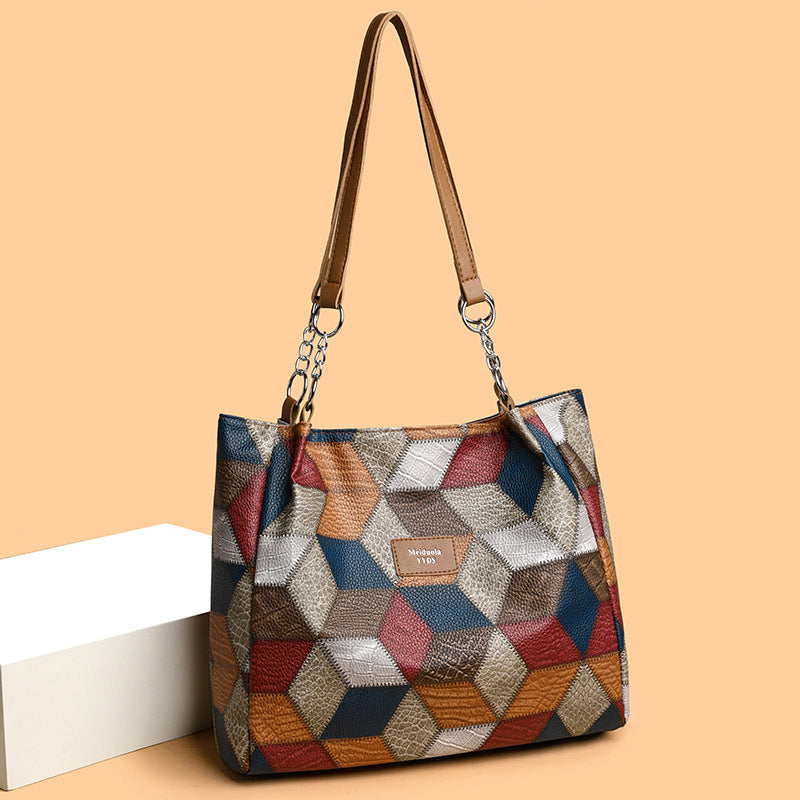 Retro Geometric Pattern Color-matching Shoulder Bag Fashion Large Capacity Stitching Handbag For Women Totes - MAGM Enterprises LLC