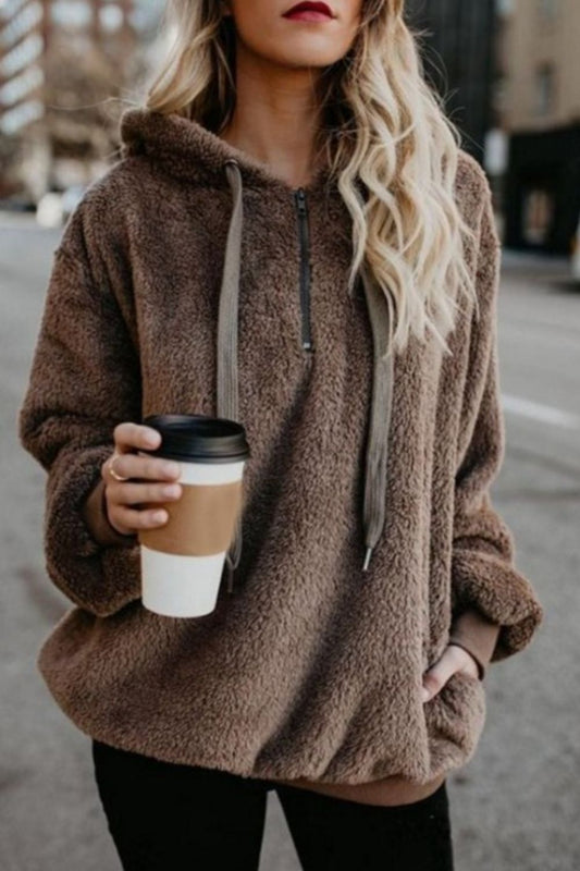 Cozy Up: Full Size Teddy Hoodie with Quarter-Zip and Drawstring