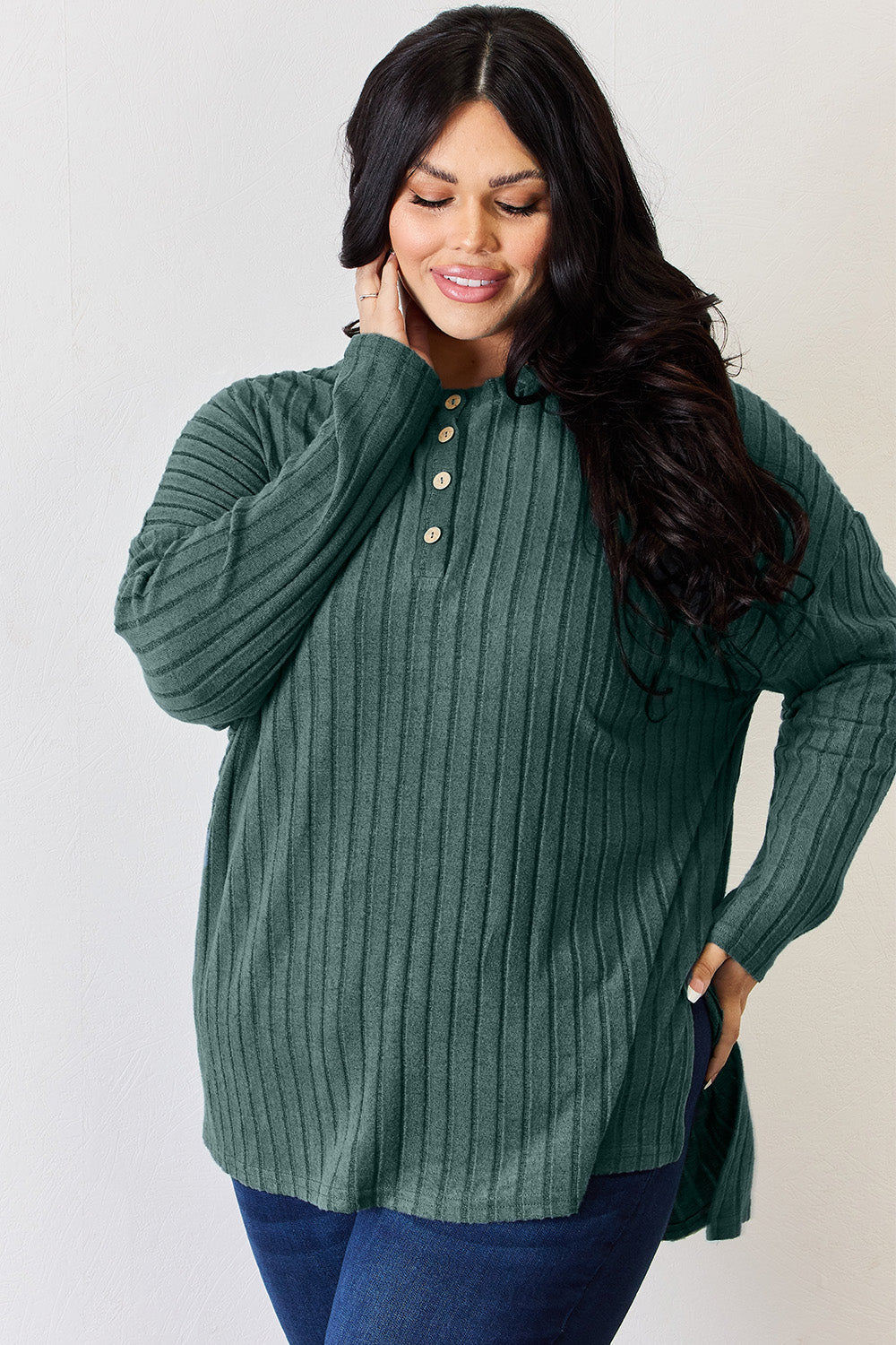 Stylish & Cozy: Basic Bae Ribbed High-Low T-Shirt with Half Button Detail