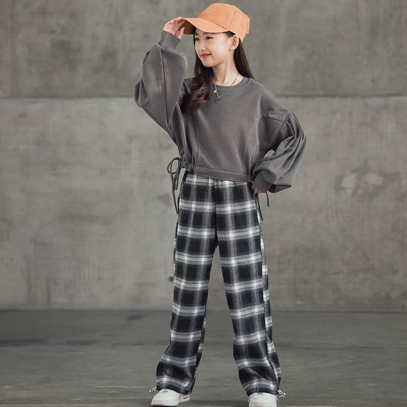 Girls' Suits Western Style Korean Children's Clothing Trendy Plaid Trousers Big Kids - MAGM Enterprises LLC