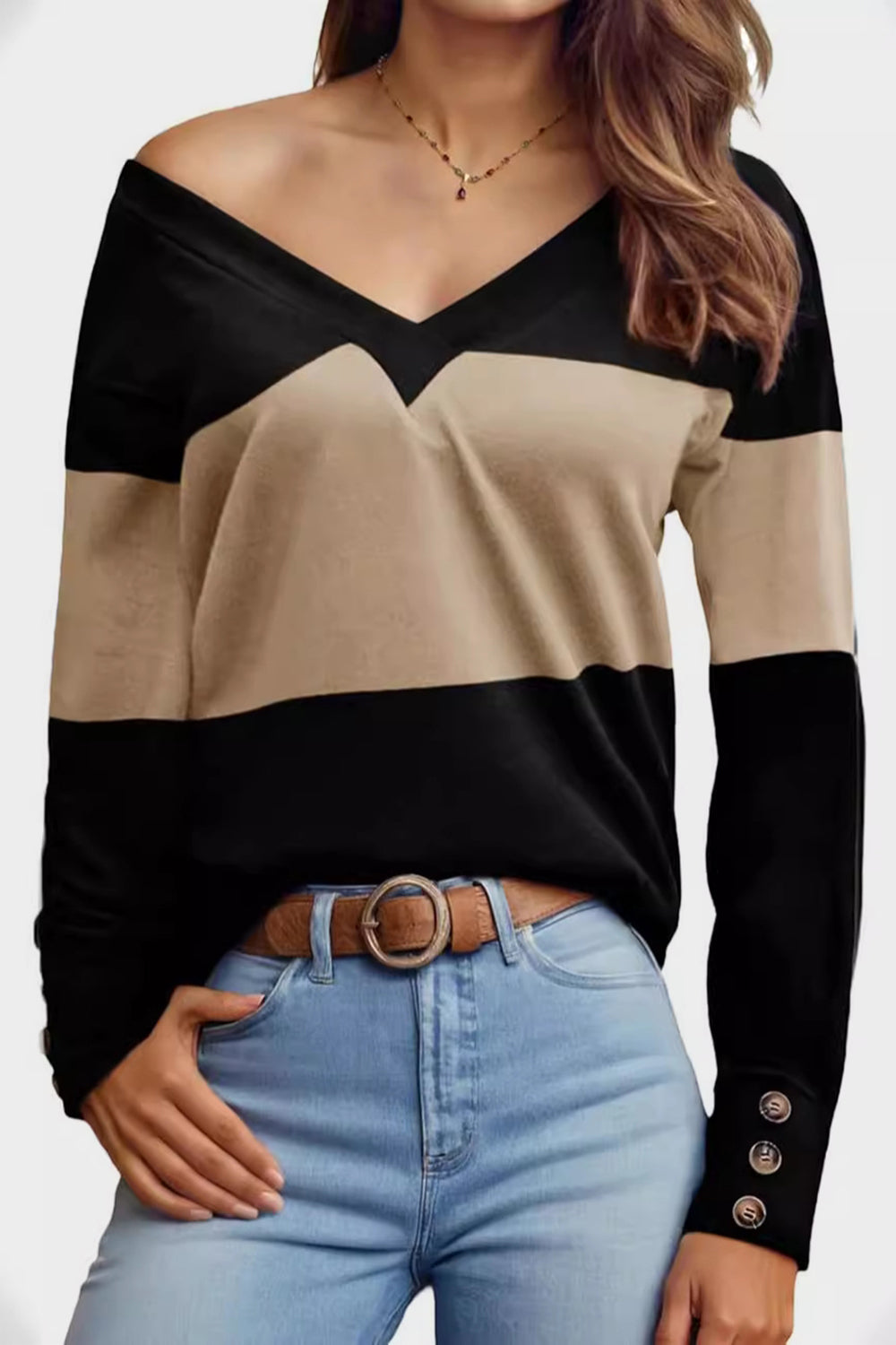 Effortlessly Stylish: Decorative Button V-Neck Long Sleeve Shirt