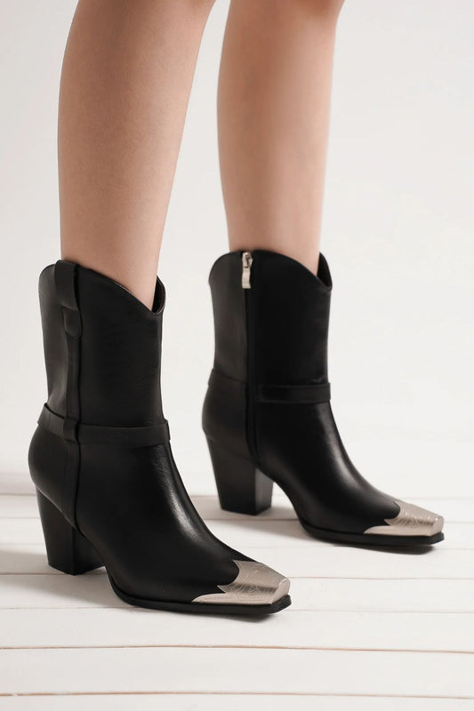 Beast Fashion Faux Leather Ankle Boots with Bold Metal Toe Accent