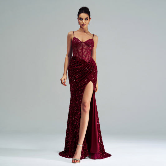 Spaghetti Straps Sleeveless Sequined High Slit Evening party Dress