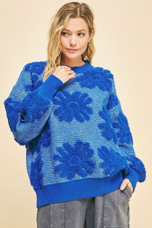 Floral Elegance: Davi & Dani Dropped Shoulder Sweater with Flower Texture