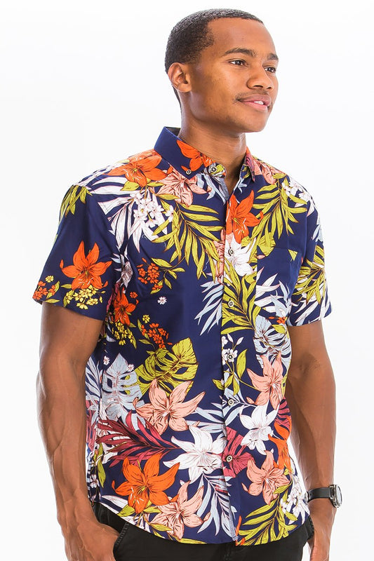 HAWAIIAN PRINT BUTTON DOWN MEN SHIRT HALF SLEEVES - Mag Max Mart